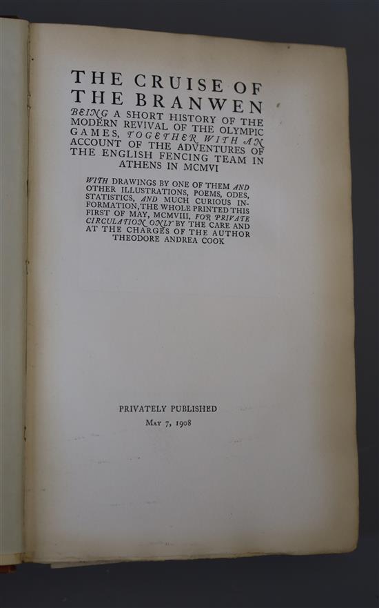 Cook, Theodore Andrea - The Cruise of the Branwen: Being a Short History of the Revival of the Olympic Games, 8vo, red cloth gilt,